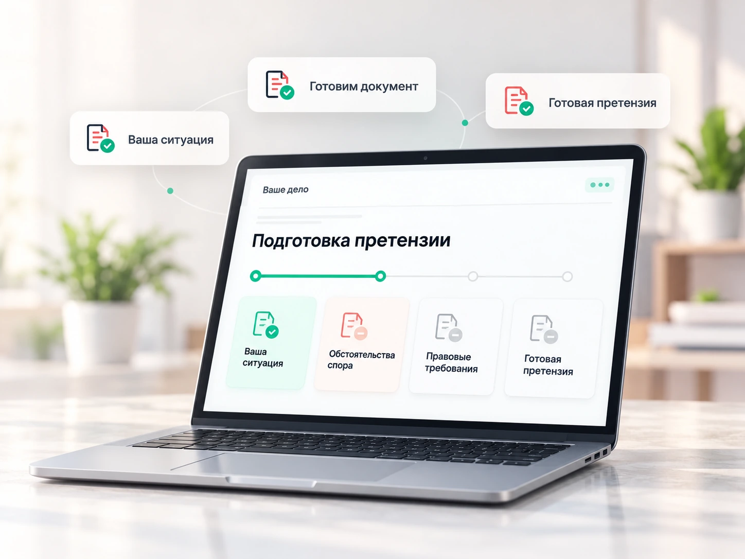 Подготовка претензии в личном кабинете: ваша ситуация, обстоятельства спора, правовые требования и готовый документ.